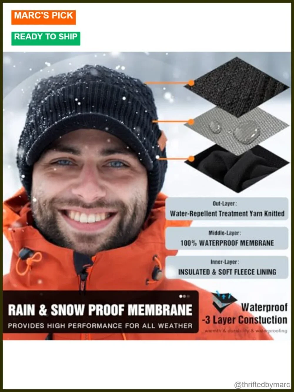 Waterproof Merino Wool Visor Beanie Hat with Fleece Lining for Men